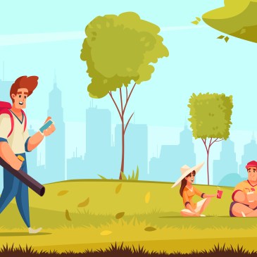 Cartoonbild zeigt einen Mann mit Laubbläser in einem Park. Eine Frau und ein Mann machen im Hintergrund ein Picknick