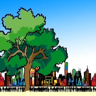 Unter einem riesigen Baum stehen sehr viele Menschen. Dahinter ist eine Stadt zu sehen.