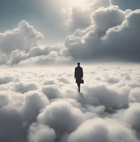 Ein Mensch läuft über Wolken dem Horizont entgegen