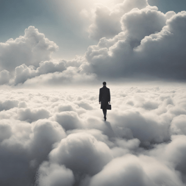 Ein Mensch läuft über Wolken dem Horizont entgegen