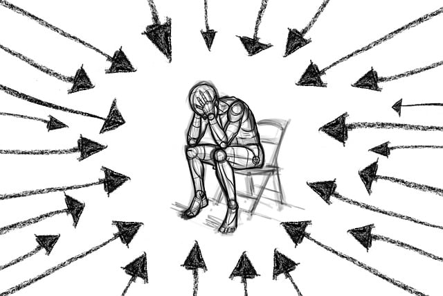 Ein Mensch sitzt auf einem Stuhl und stützt in Verzweiflung seinen Kopf aus. Von allen Seiten sind Pfeile auf ihn gerichtet.