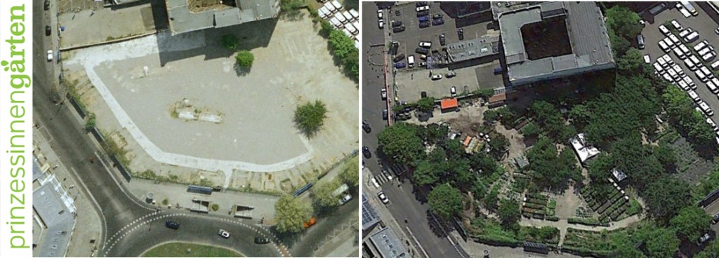 Zwei bilder aus der Luft zeigen die ehemalige Industribrache und die Veränderung durch die Nutzung als Urban Garden.