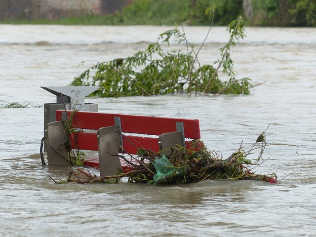 Eine Parkbank ragt aus braunem Wasser. Äste treiben im Strom.